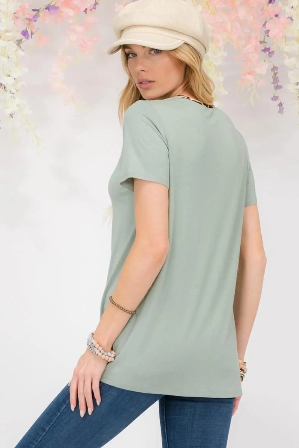 Love Salve Leopard Trim Tee Women's Everyday Crisscross Cutout T-Shirt Soft & Stylish