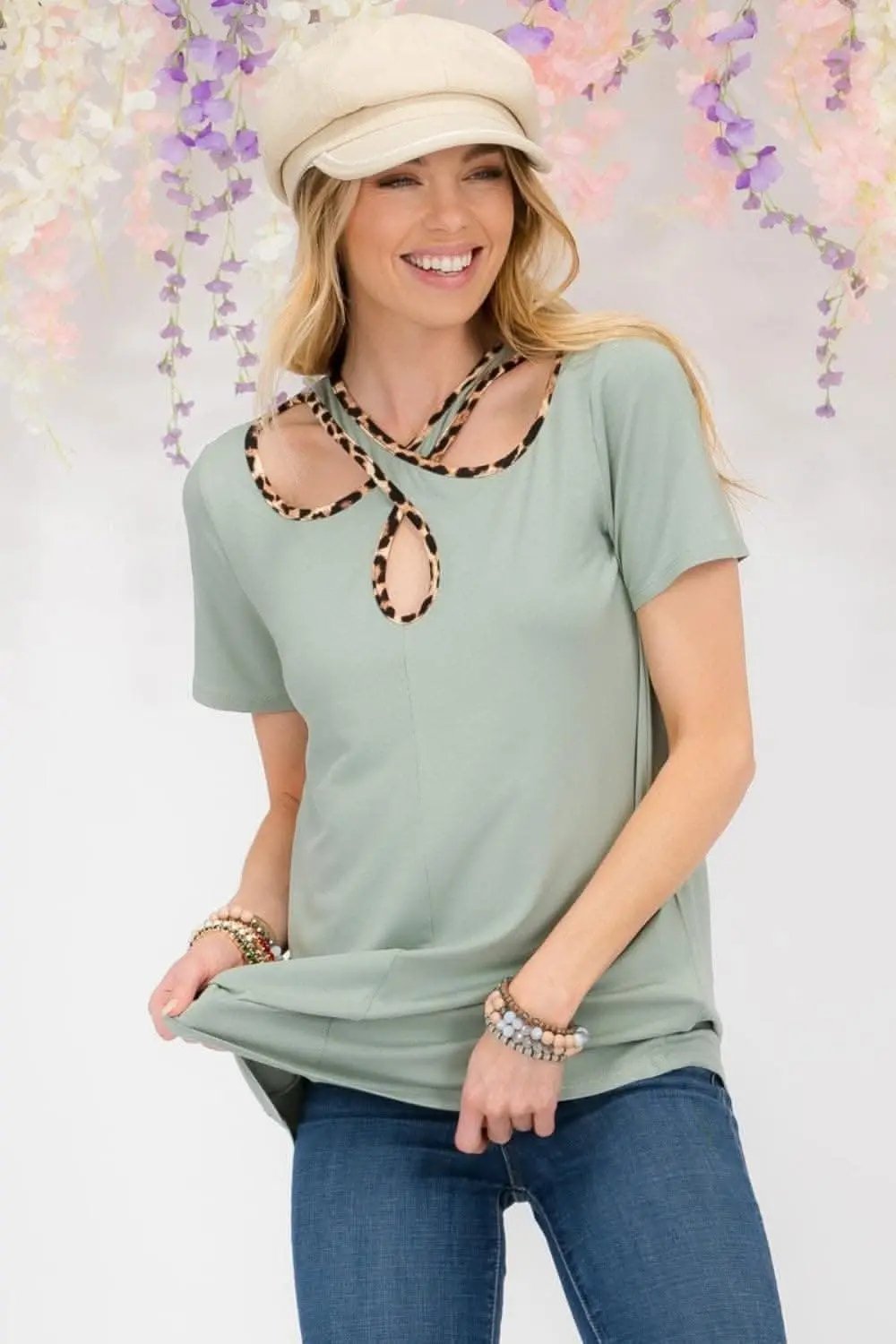 Love Salve Leopard Trim Tee Women's Everyday Crisscross Cutout T-Shirt Soft & Stylish