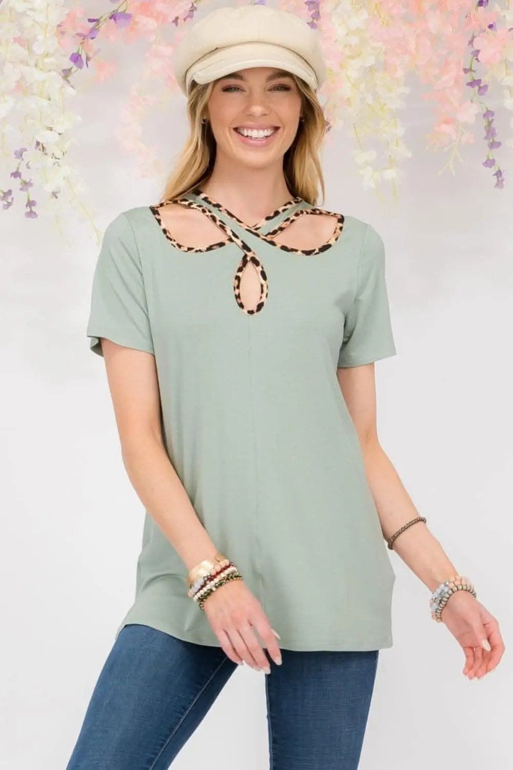 Love Salve Leopard Trim Tee Women's Everyday Crisscross Cutout T-Shirt Soft & Stylish
