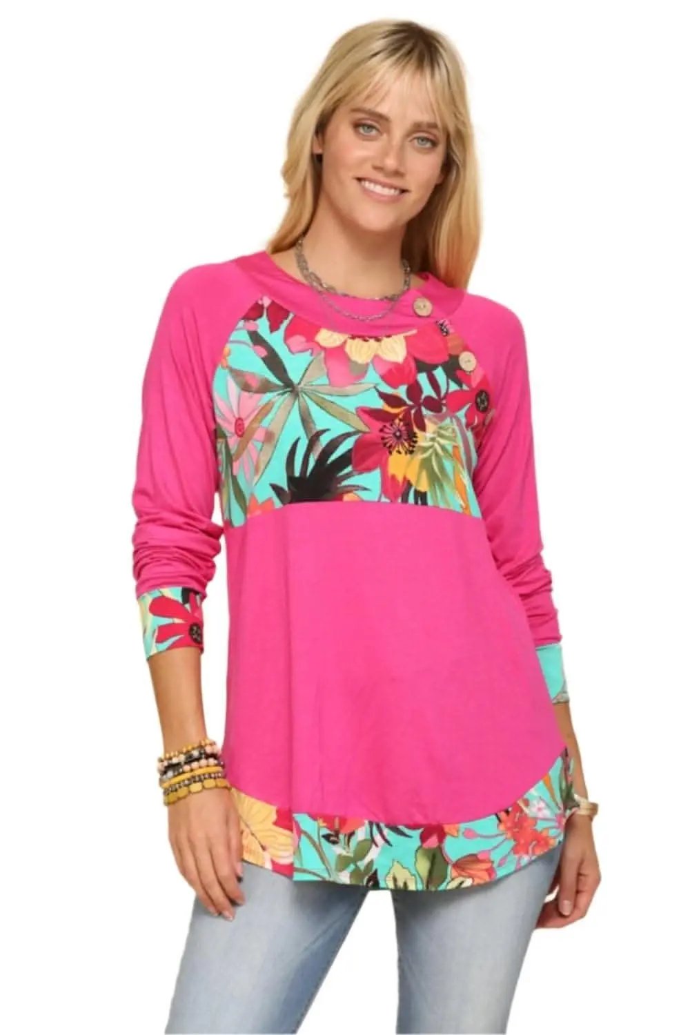 Women's Long Sleeve Top - Tropical Print - Fuchsia Comfy Fit