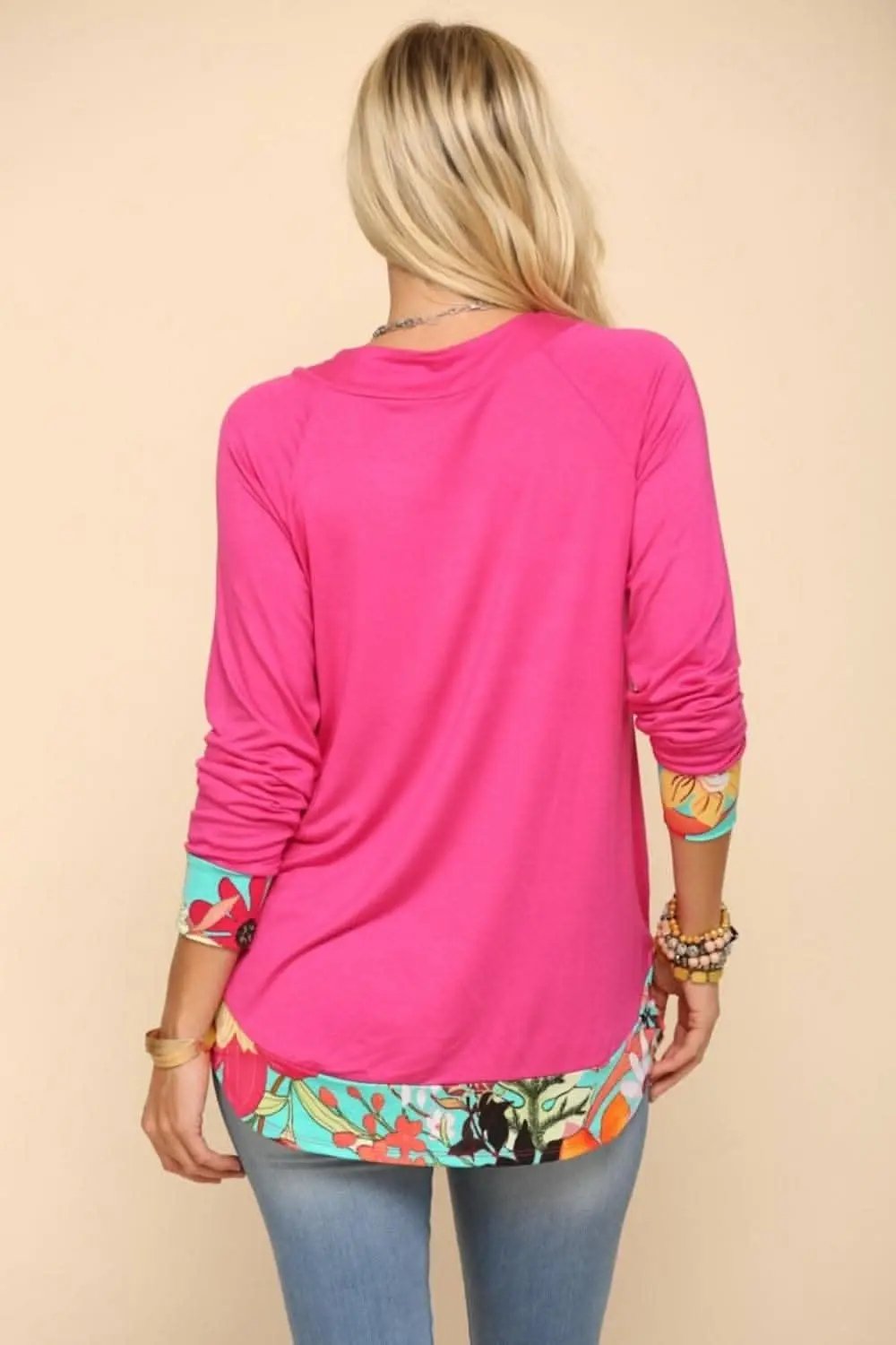 Women's Long Sleeve Top - Tropical Print - Fuchsia Comfy Fit