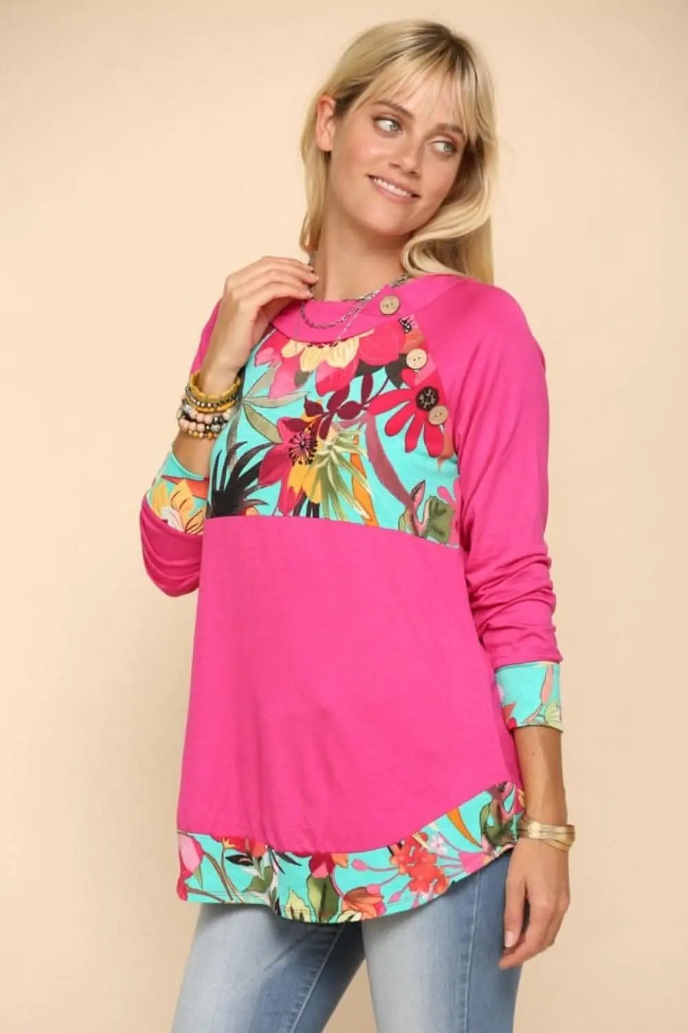 Women's Long Sleeve Top - Tropical Print - Fuchsia Comfy Fit