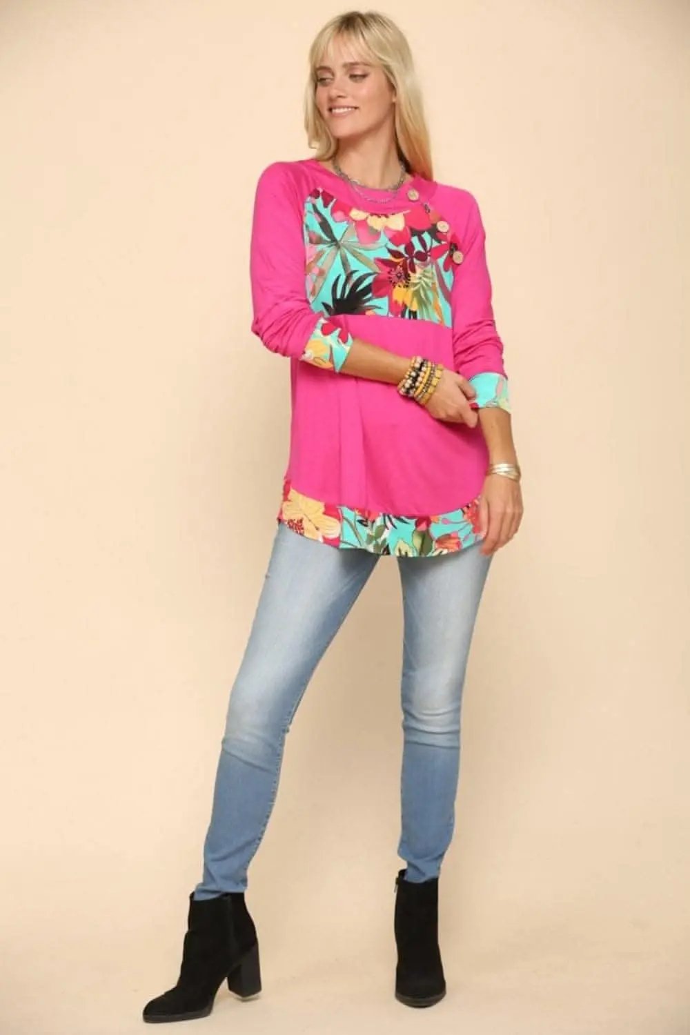 Women's Long Sleeve Top - Tropical Print - Fuchsia Comfy Fit