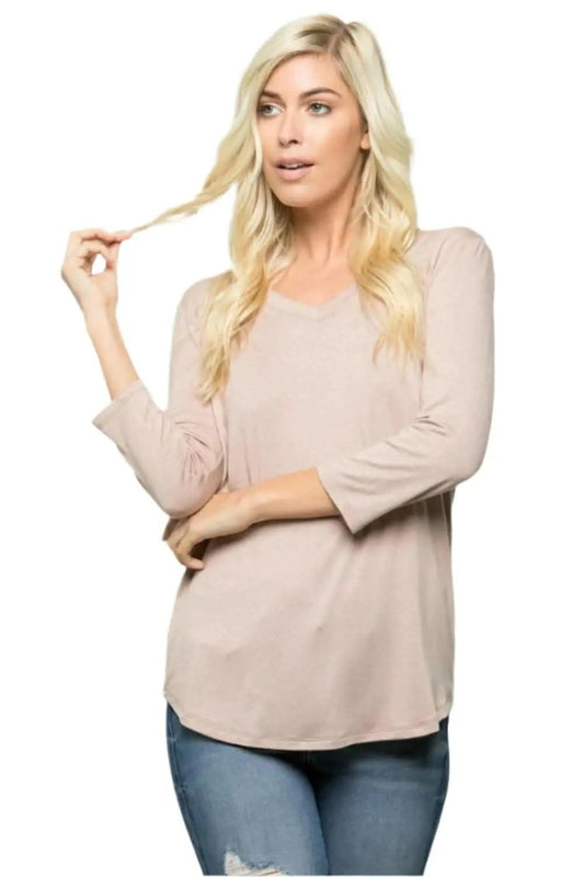 Love Salve Mocha V-Neck Tee Women's Casual Top 3/4 Sleeve, Soft Fabric