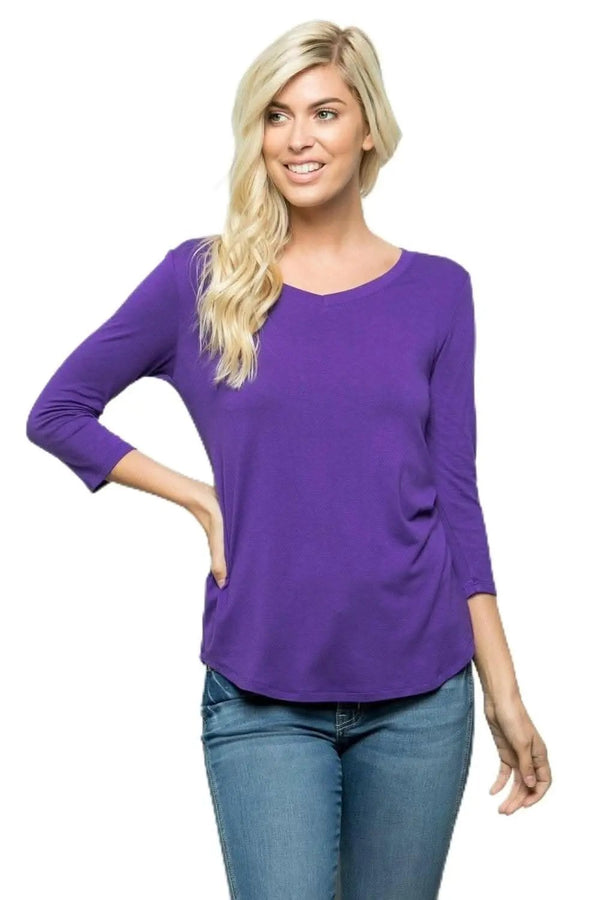 Love Salve Purple V-Neck Tee Women's Casual Top 3/4 Sleeve Soft Comfy T-Shirt
