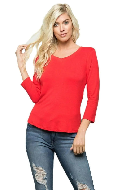 Women's Tee - Red V-Neck 3/4 Sleeve - Casual Everyday Top