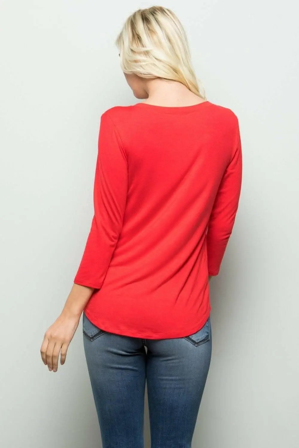 Women's Tee - Red V-Neck 3/4 Sleeve - Casual Everyday Top
