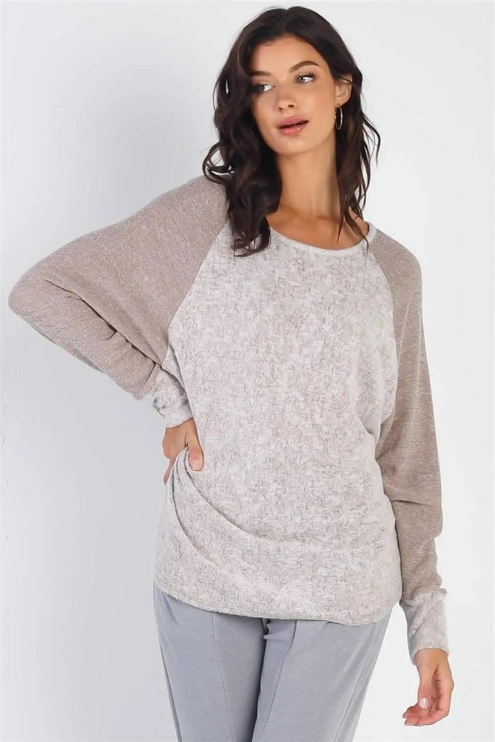 Love Salve Taupe Contrast Women's Long Sleeve Top Casual Chic Tee