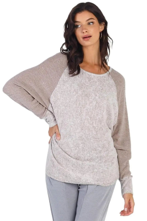 Love Salve Taupe Long Sleeve Women's Top Everyday Essential Soft Knit