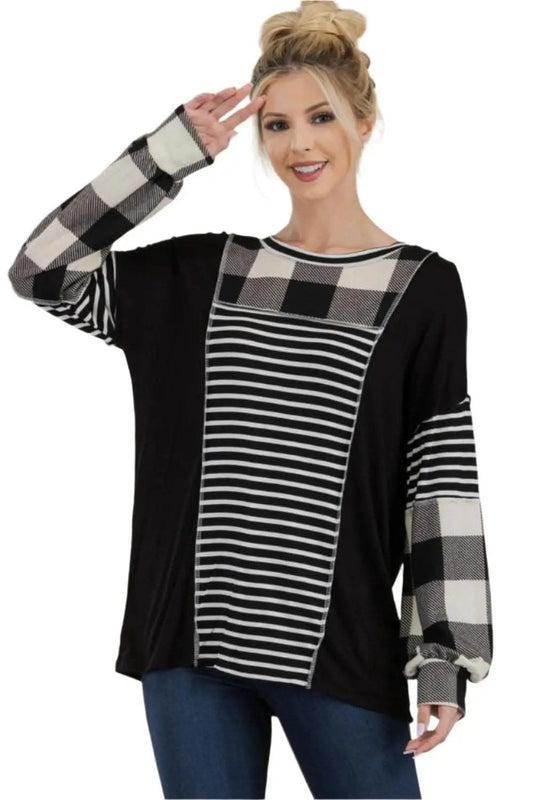 T-Shirt - Color Block Exposed Seam - Black/White Plaid