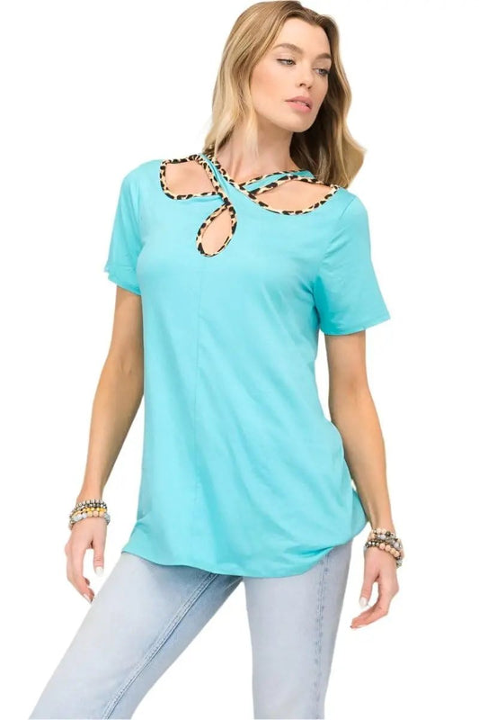 T-Shirt - Crisscross Cutout Leopard Contrast Trim - Mint