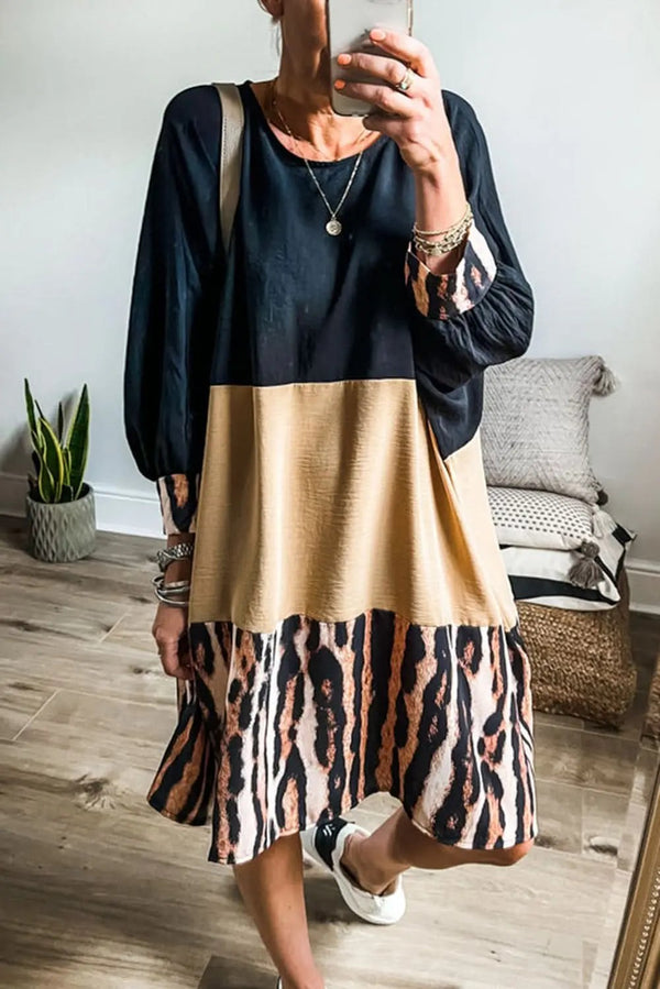 Mini Dress - Bishop Sleeves Colorblock - Khaki Tiger Print