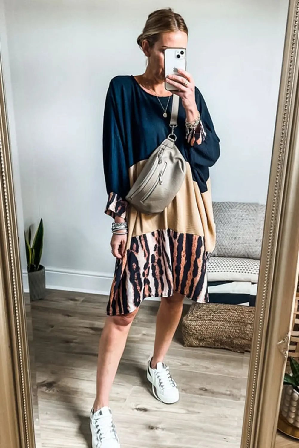 Mini Dress - Bishop Sleeves Colorblock - Khaki Tiger Print