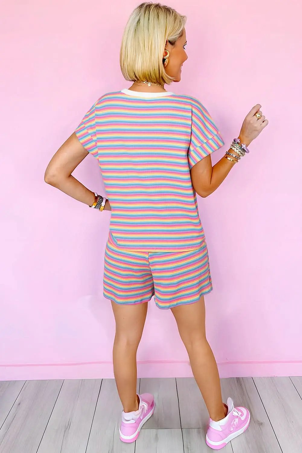 Love Salve Pink Striped Set Women's Daily Wear Outfit Cute Tassel Shorts