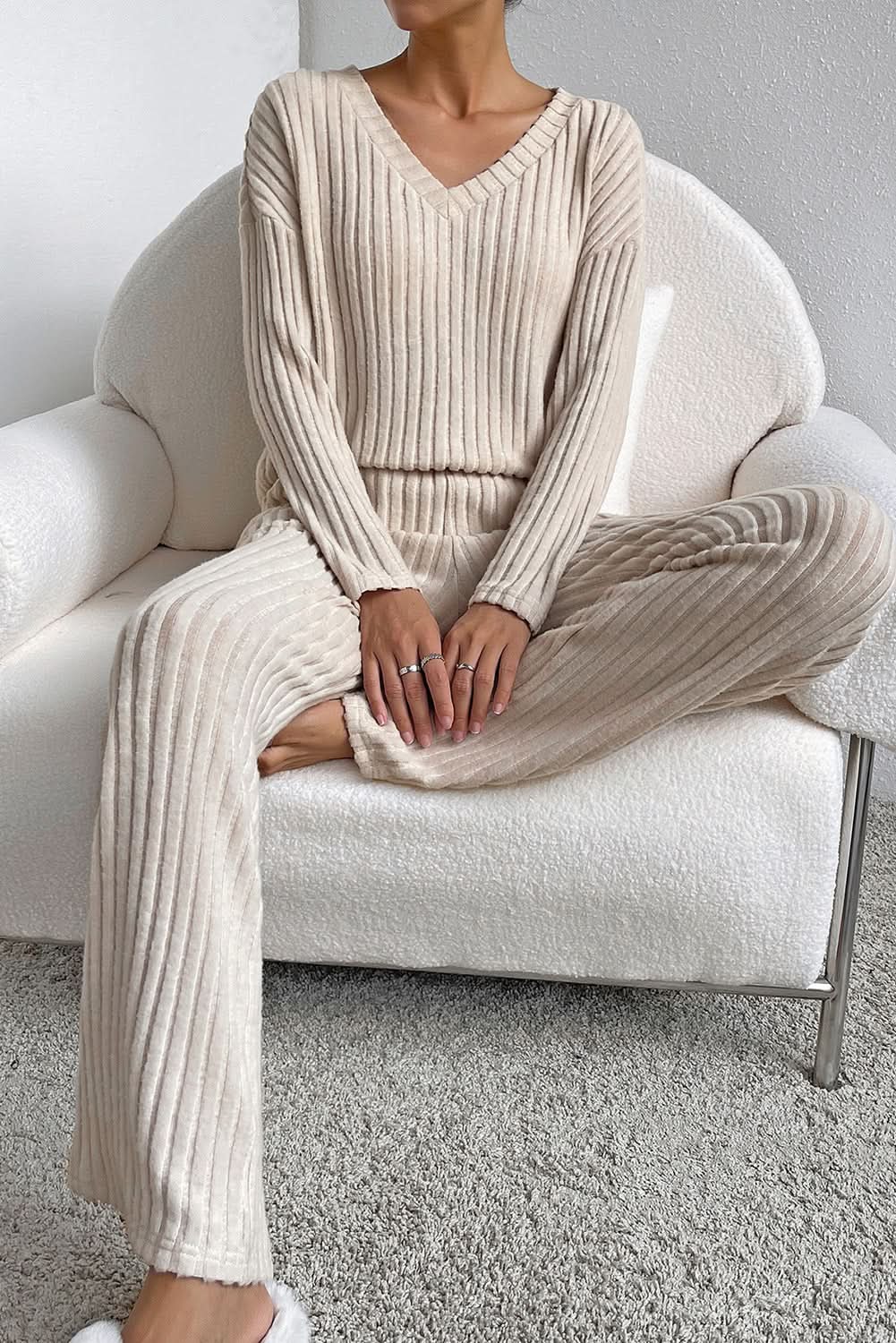 Love Salve Khaki Ribbed Knit Set Women's Loungewear Set Comfy & Casual