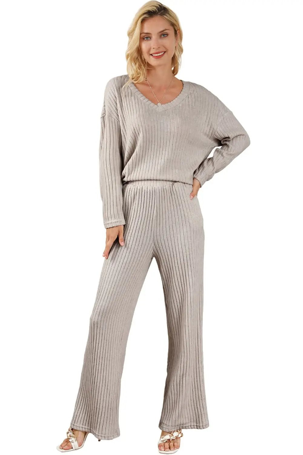 Love Salve Khaki Ribbed Knit Set Women's Loungewear Set Comfy & Casual