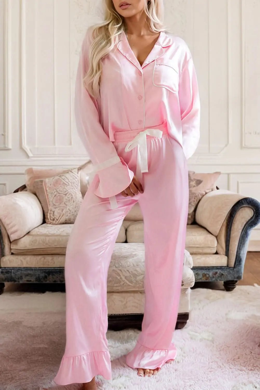 Women's Satin Lounge Set - Bow Detail - Wide Leg Pajama