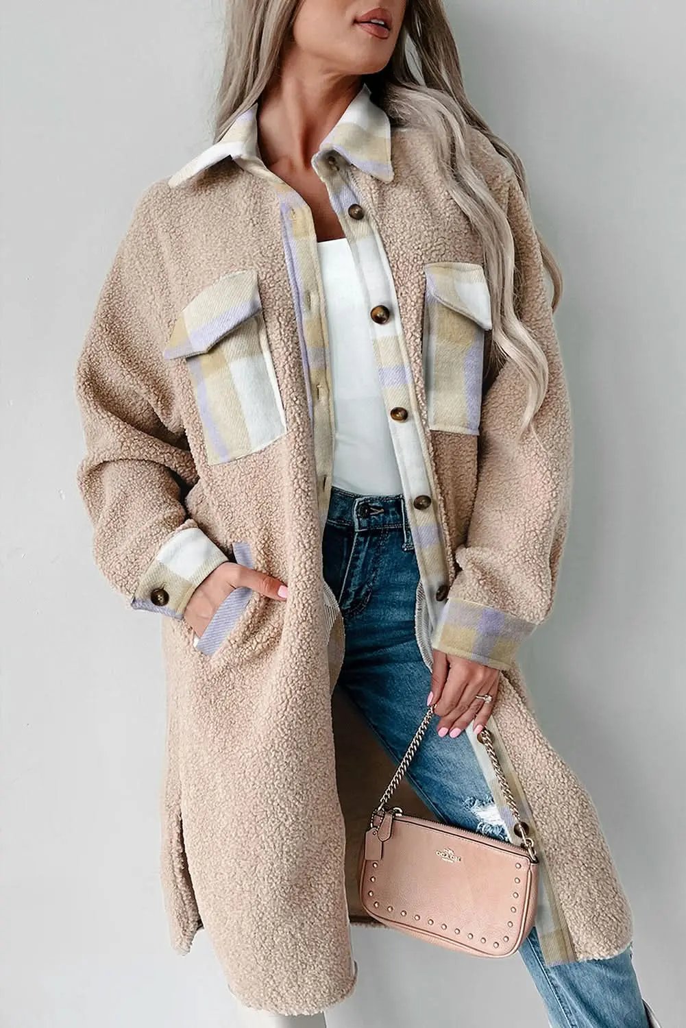 Women's Sherpa Coat - Gray Plaid Warm & Chic - Long Outerwear