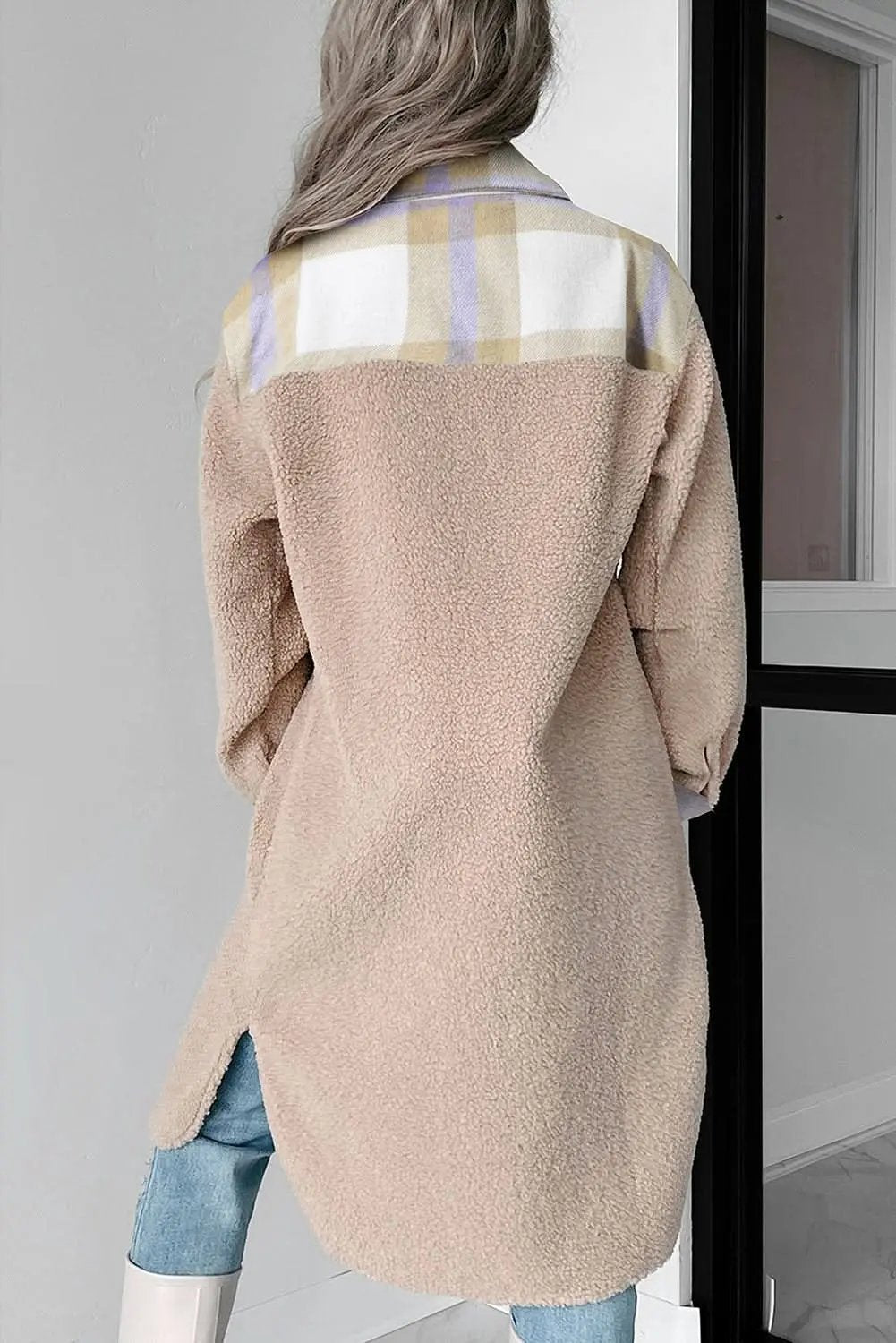 Women's Sherpa Coat - Gray Plaid Warm & Chic - Long Outerwear