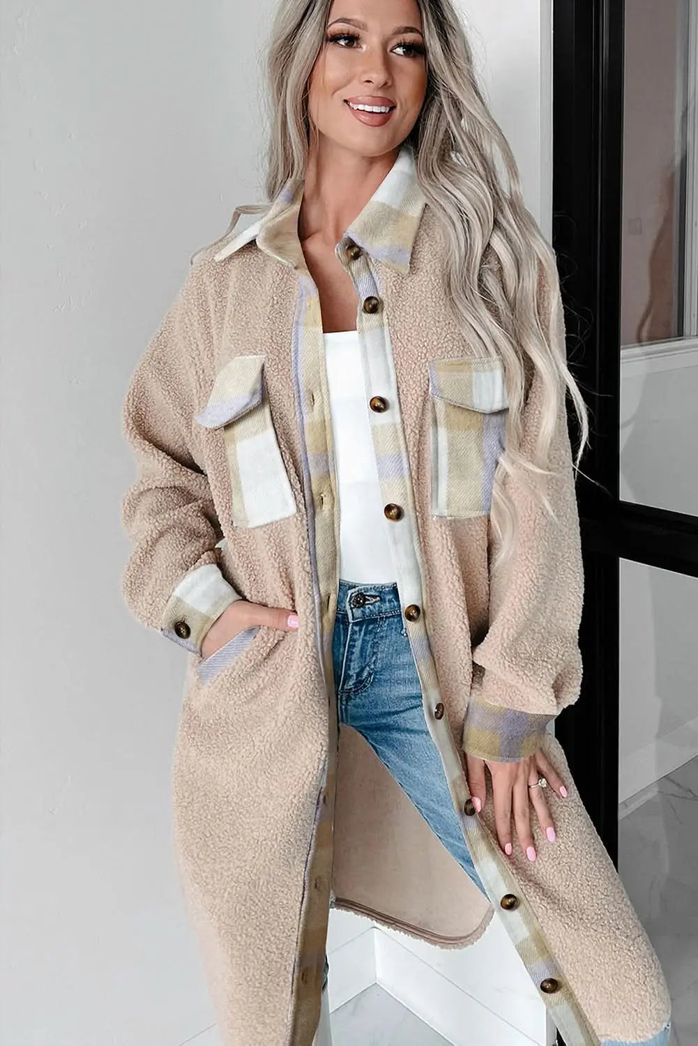 Women's Sherpa Coat - Gray Plaid Warm & Chic - Long Outerwear