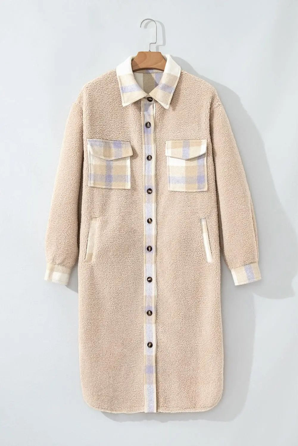 Women's Sherpa Coat - Gray Plaid Warm & Chic - Long Outerwear