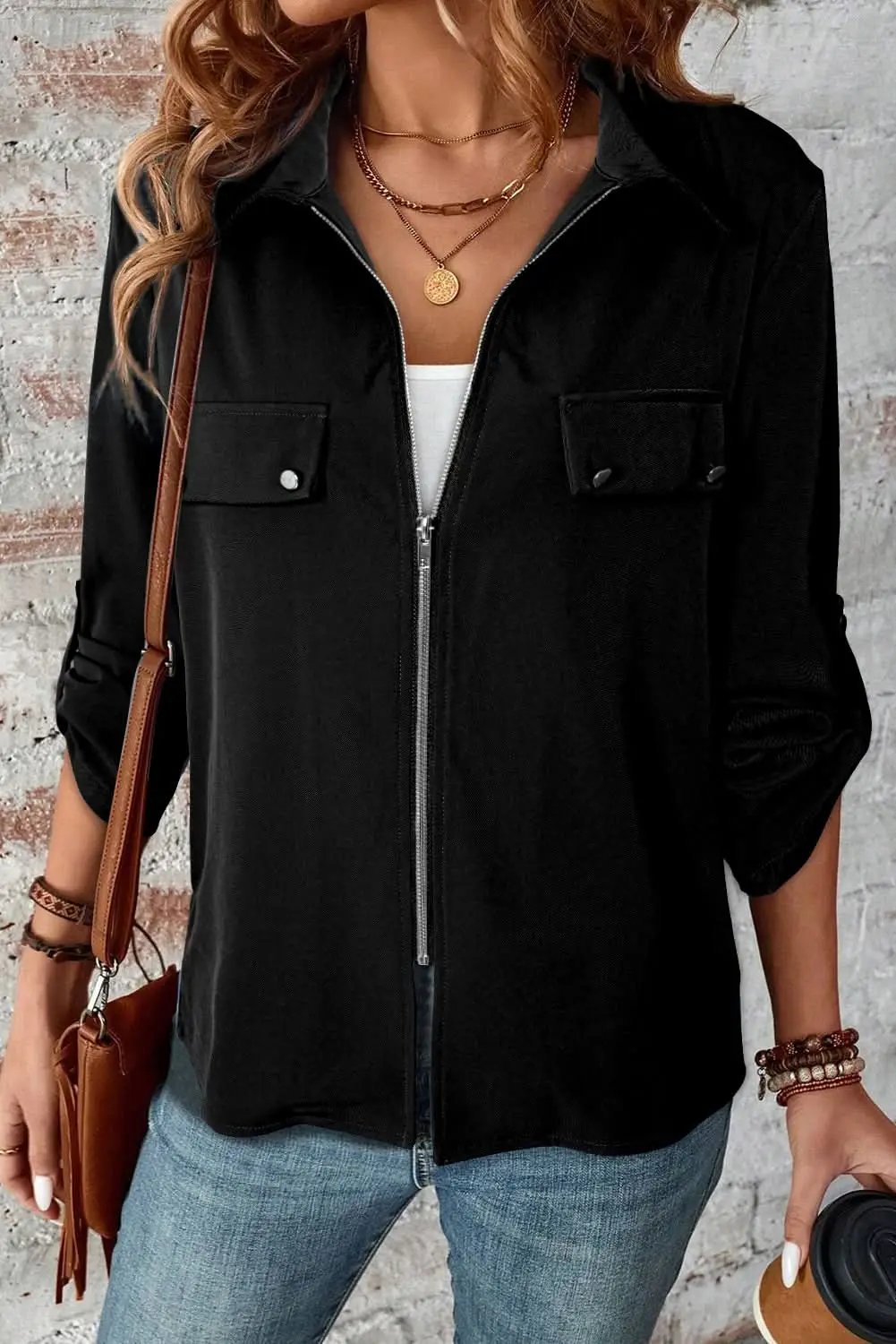 Love Salve Sleek black zip-up jacket with tab sleeves