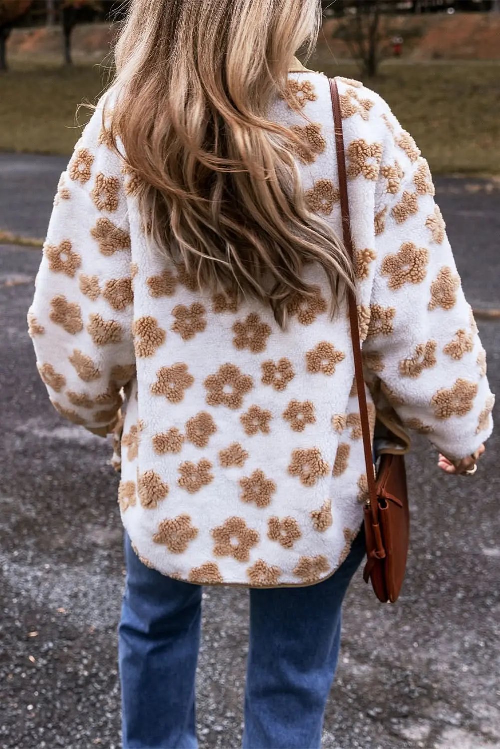 Love Salve Charming beige flower fleece jacket
