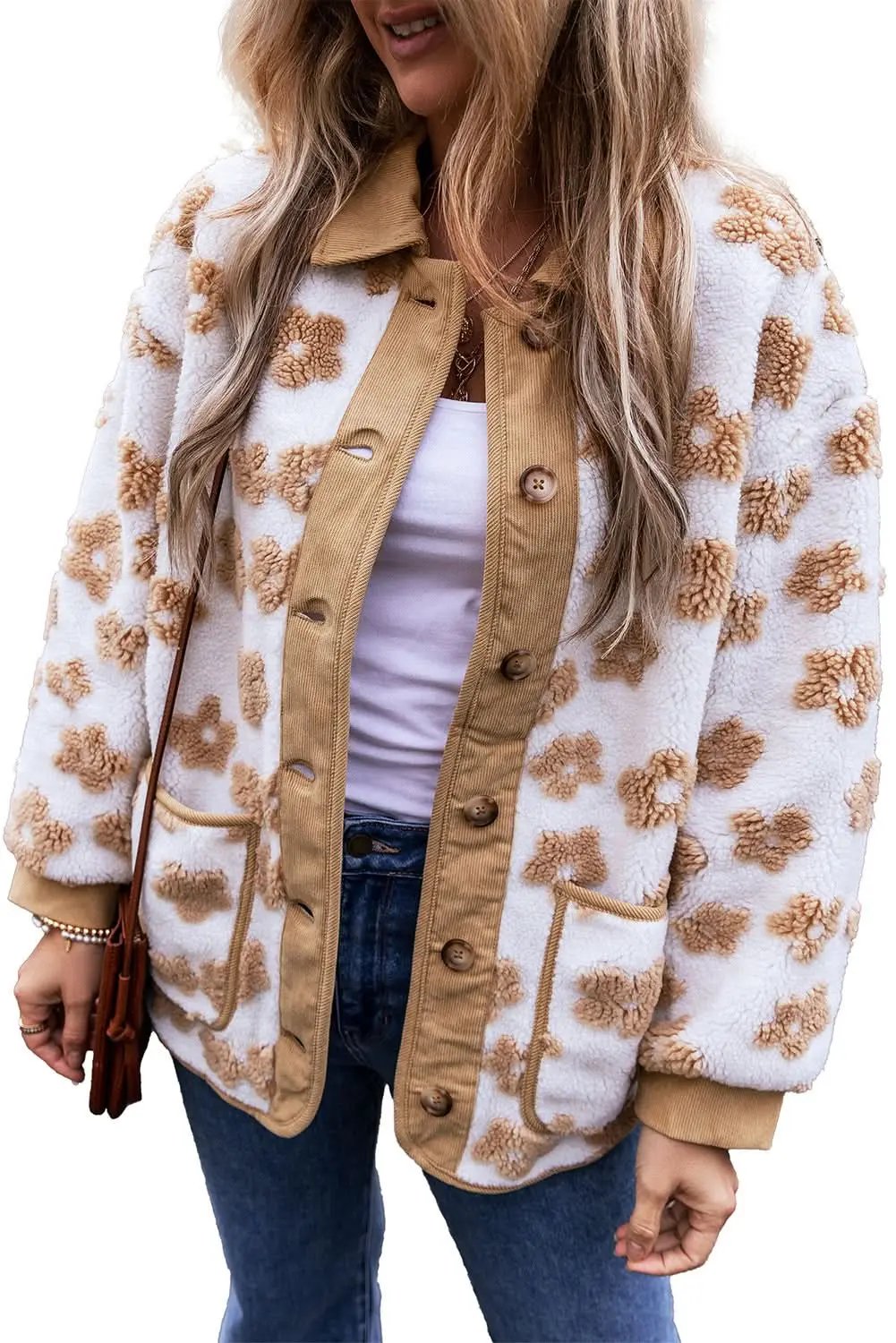 Love Salve Charming beige flower fleece jacket