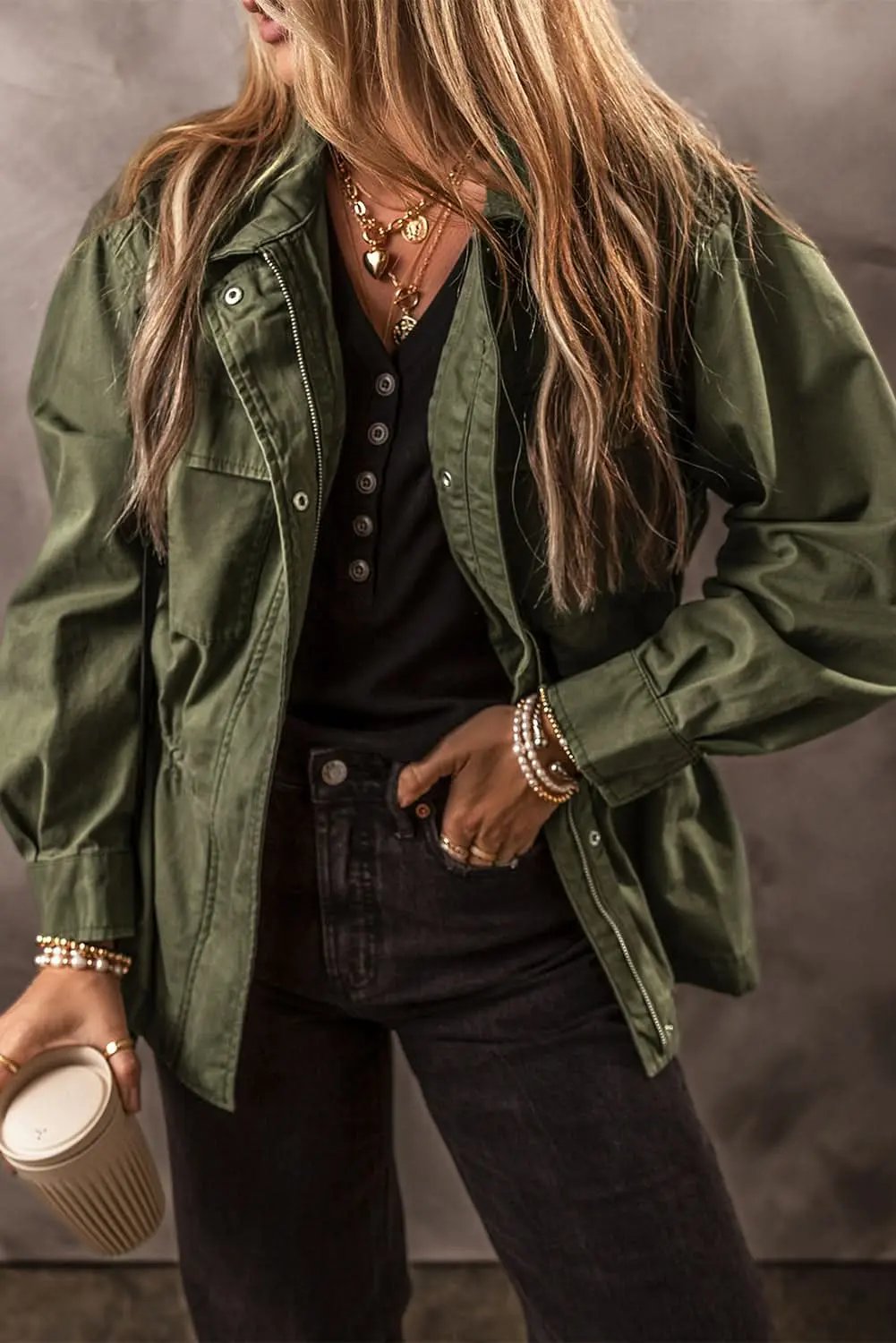 Love Salve Moss green collared jacket for women