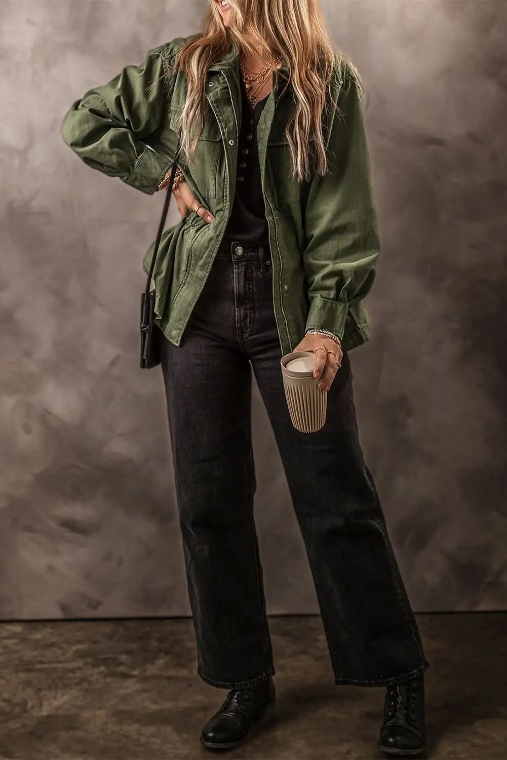 Love Salve Moss green collared jacket for women