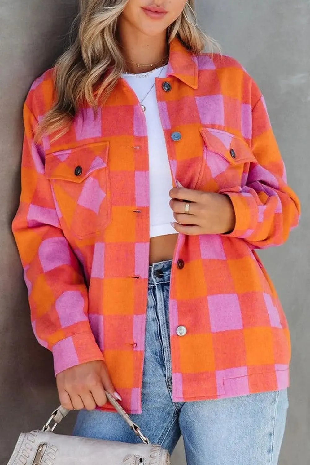 Orange Plaid Button-Up Jacket - Fall Casual & Stylish