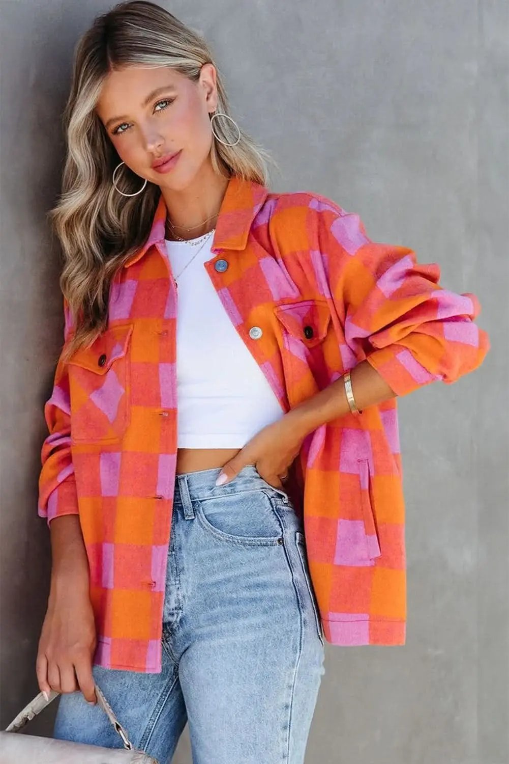 Orange Plaid Button-Up Jacket - Fall Casual & Stylish