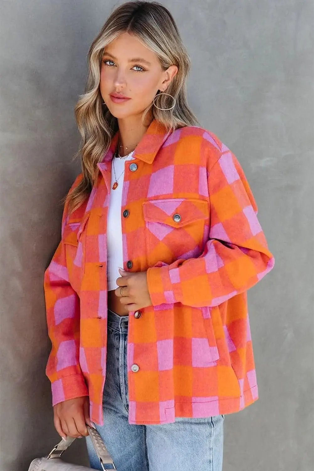 Orange Plaid Button-Up Jacket - Fall Casual & Stylish