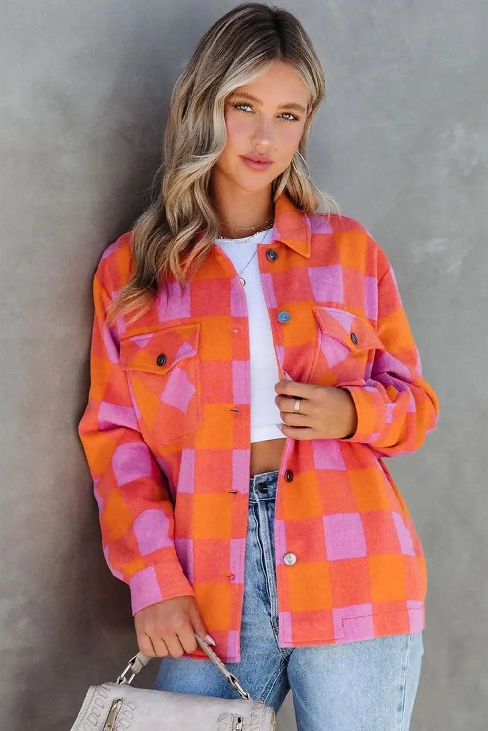 Orange Plaid Button-Up Jacket - Fall Casual & Stylish