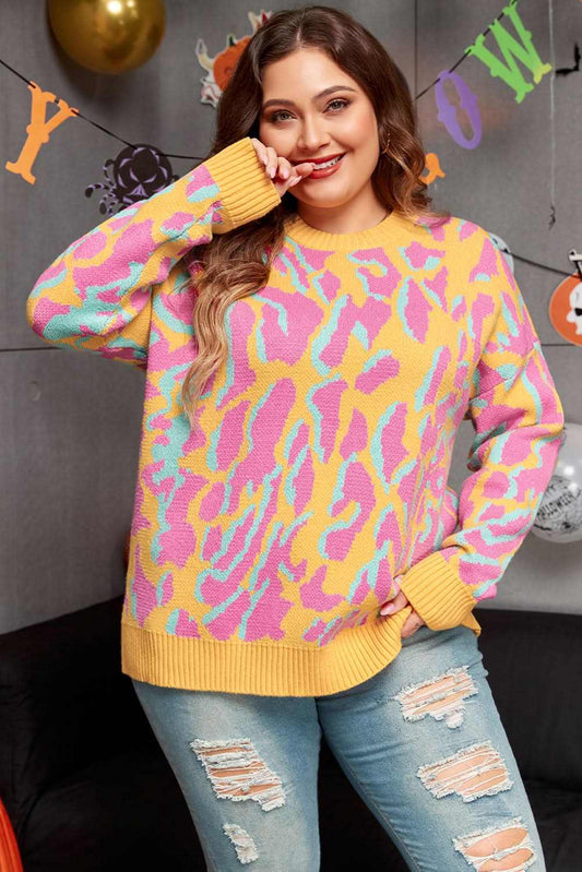 Love Salve Pink Leopard Plus Size Women's Sweater - Daily Winter Style, Comfy Fit