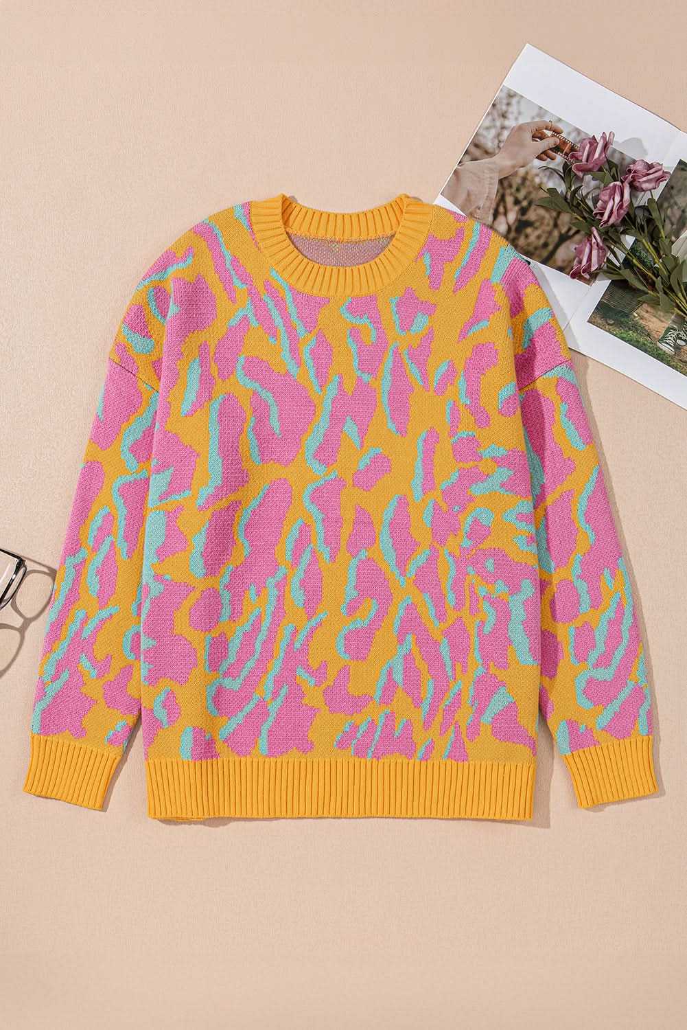 Love Salve Pink Leopard Plus Size Women's Sweater - Daily Winter Style, Comfy Fit