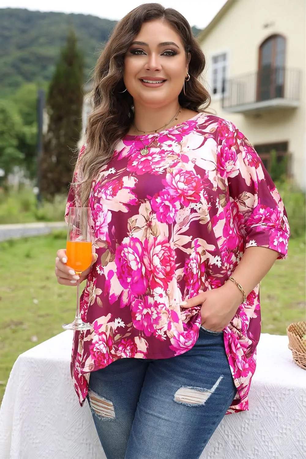Love Salve Vibrant red floral plus size blouse