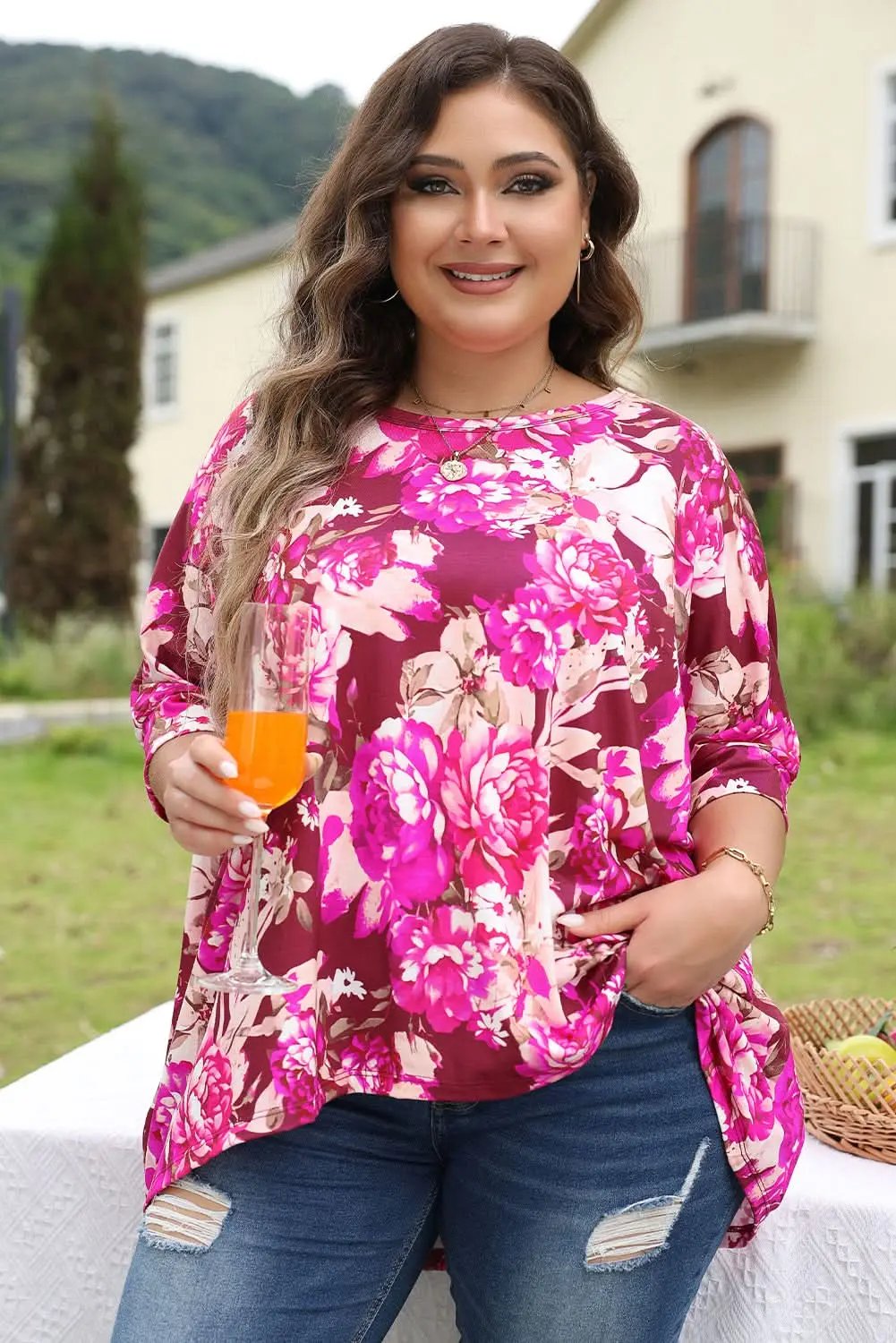 Love Salve Vibrant red floral plus size blouse