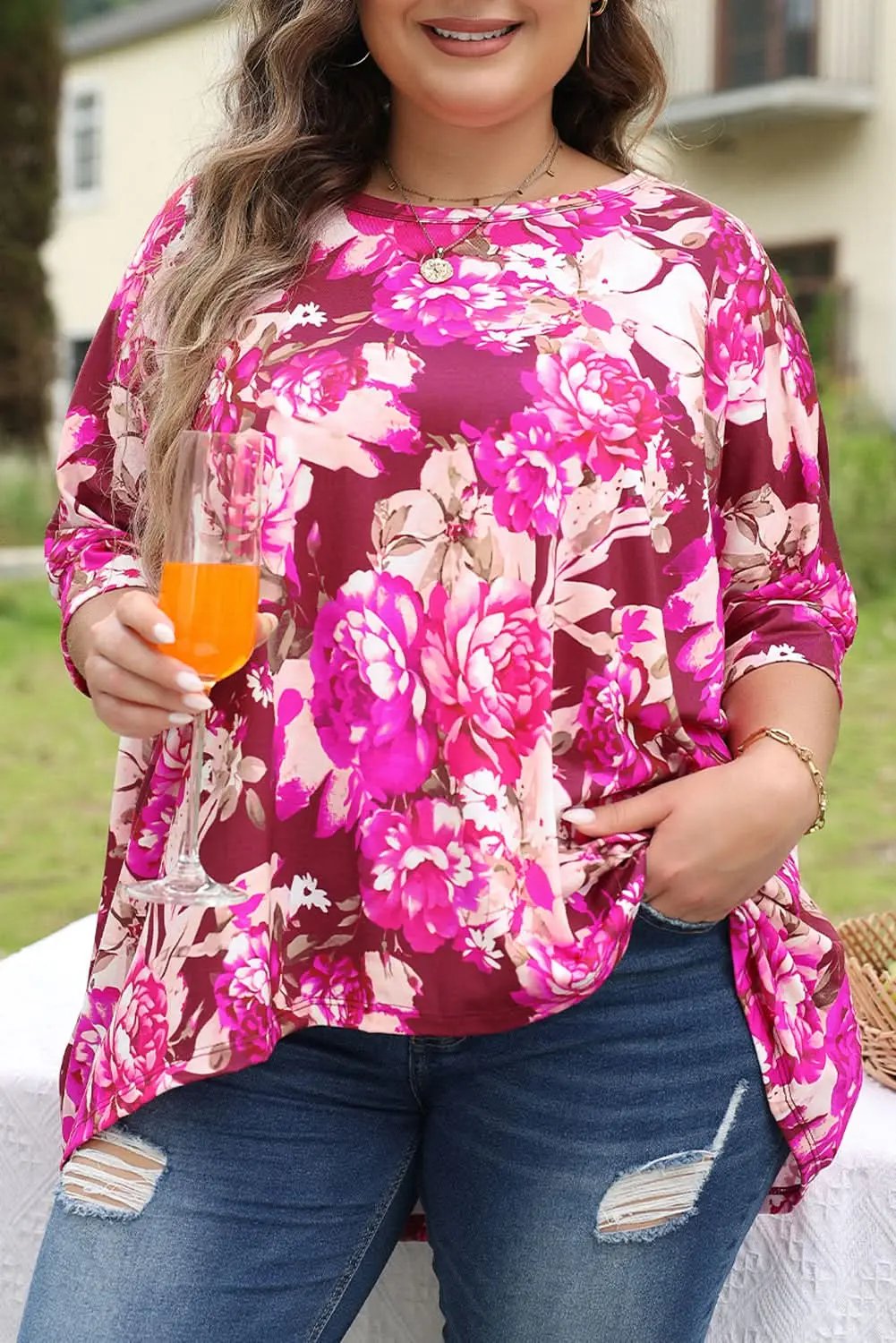 Love Salve Vibrant red floral plus size blouse