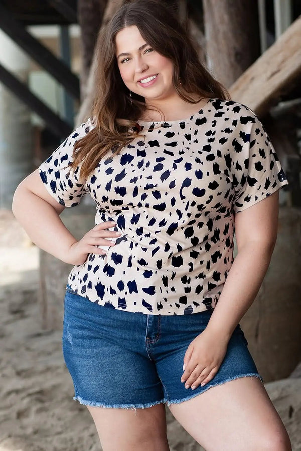 Love Salve Khaki Leopard Print Twist Open Back Plus Size Top