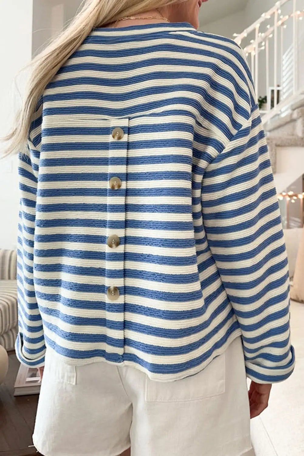 V-Neck Top - Sky Blue Striped - Casual
