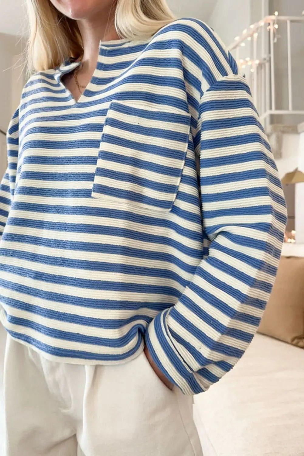 V-Neck Top - Sky Blue Striped - Casual