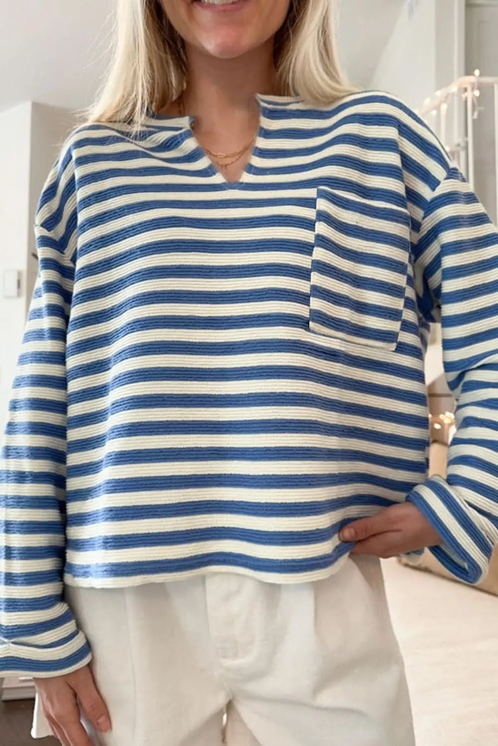 V-Neck Top - Sky Blue Striped - Casual