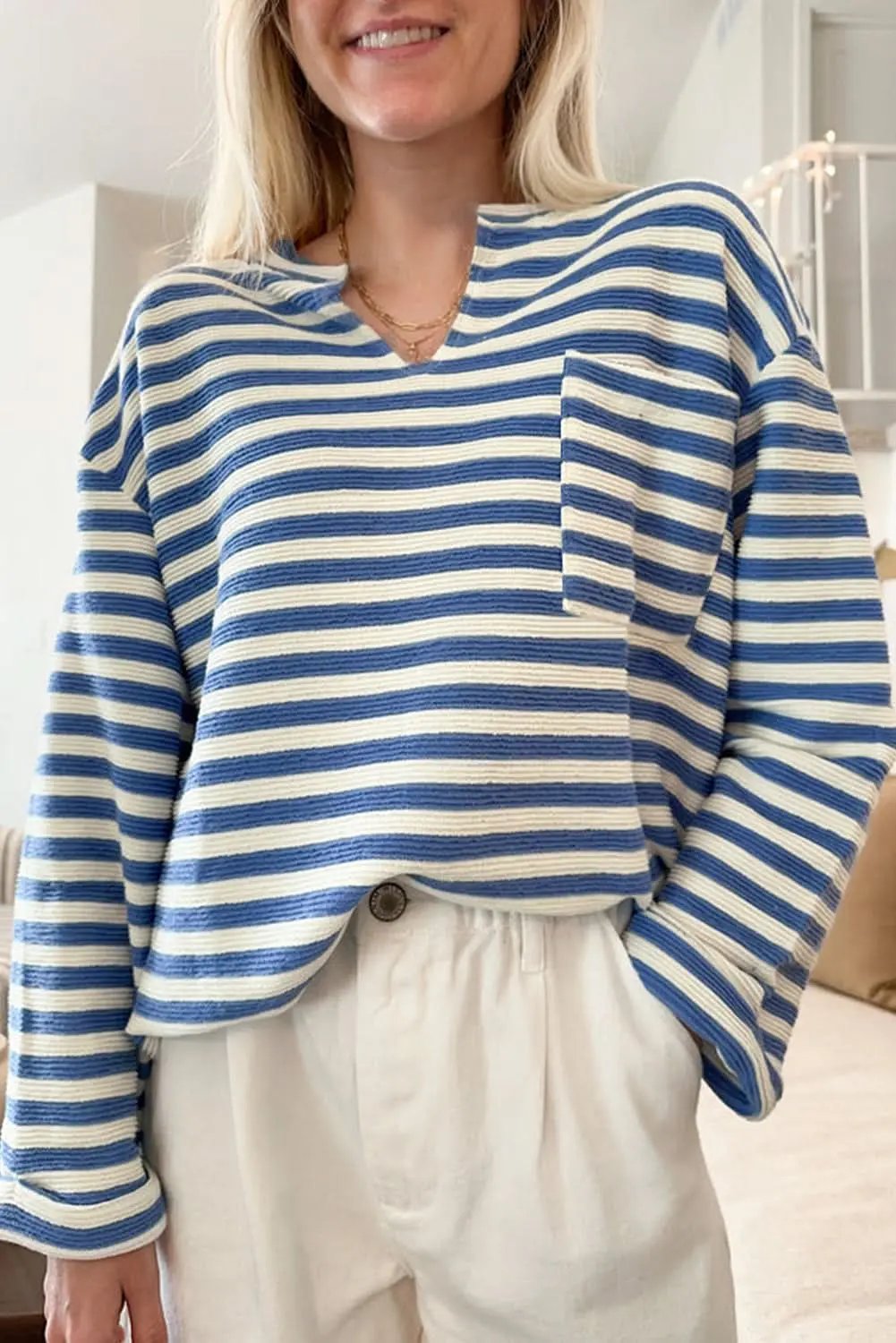 V-Neck Top - Sky Blue Striped - Casual