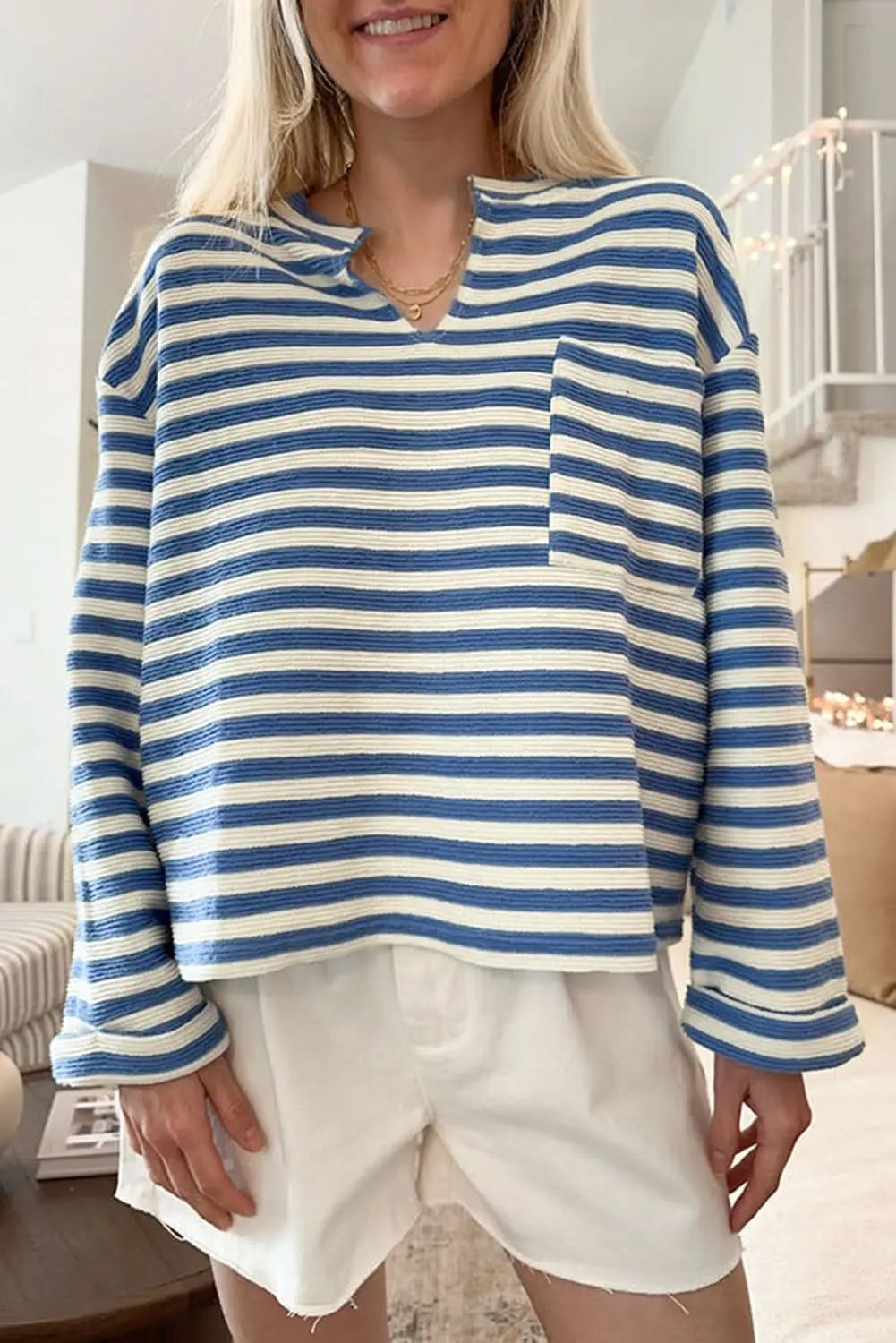V-Neck Top - Sky Blue Striped - Casual