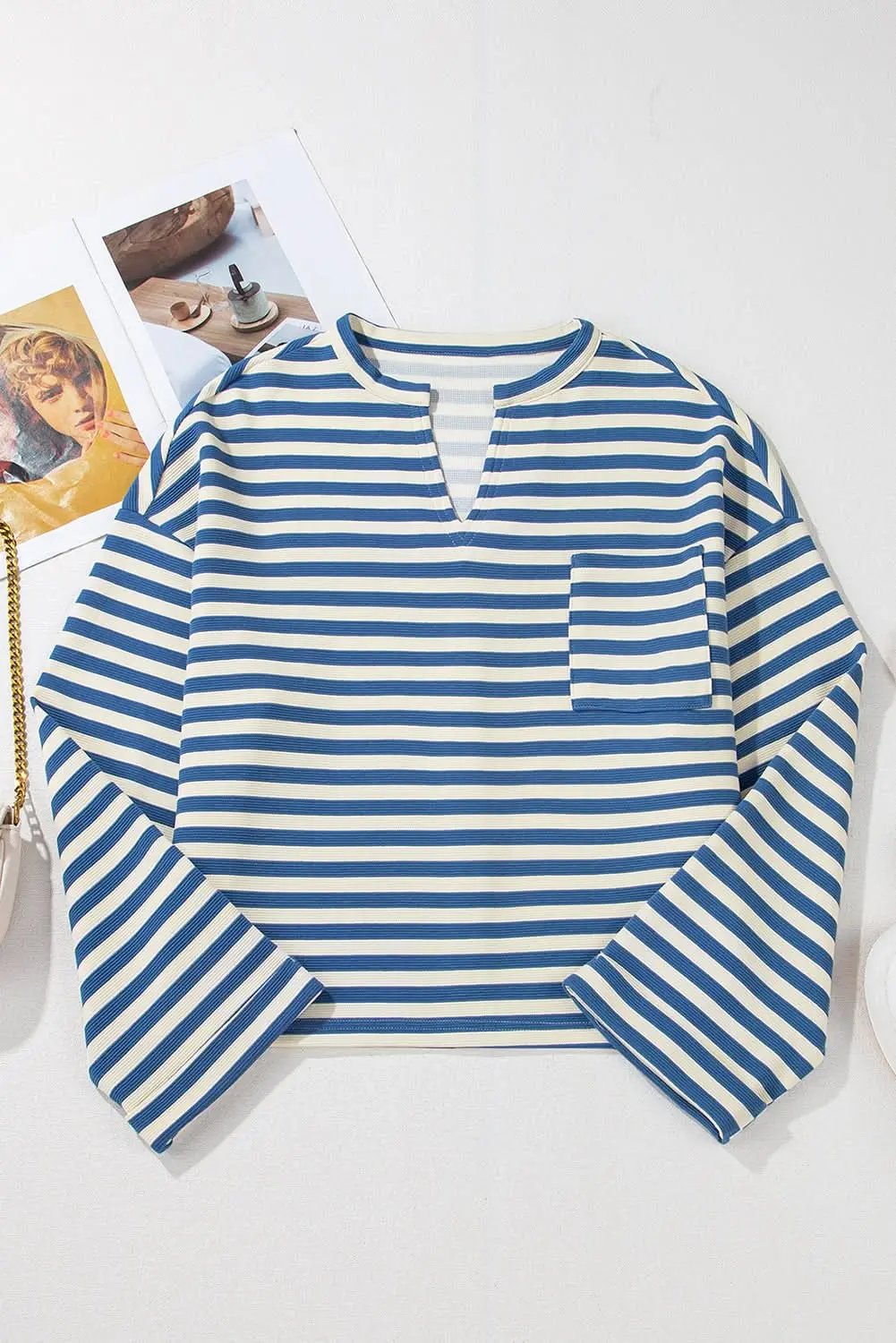 V-Neck Top - Sky Blue Striped - Casual