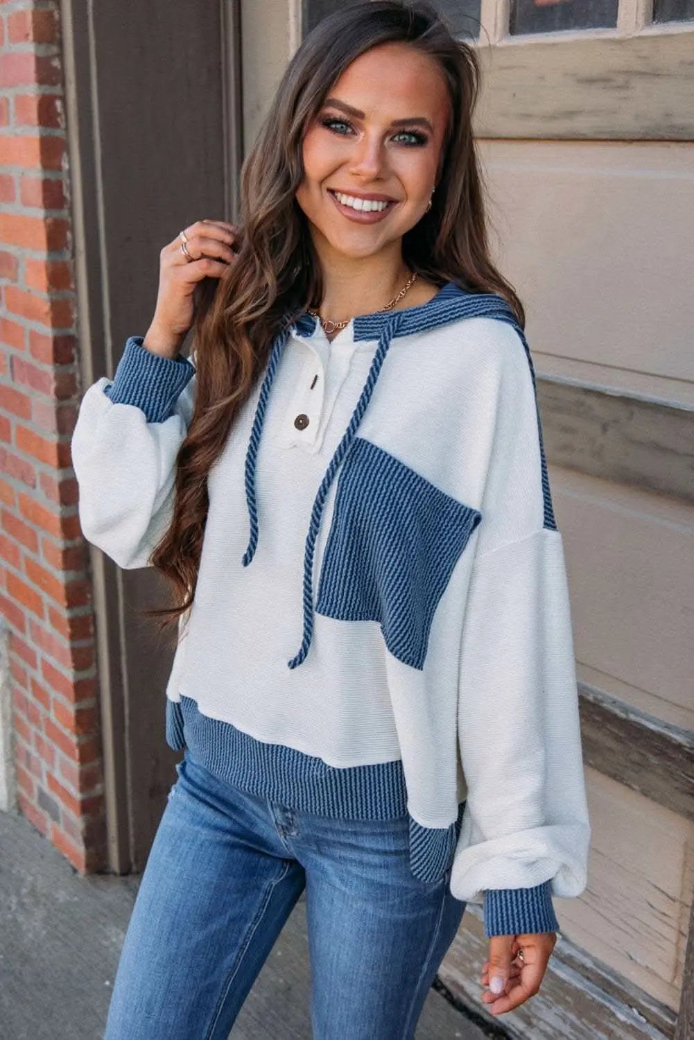 Love Salve White Colorblock Hoodie Women's Casual Pullover - Chic & Comfortable