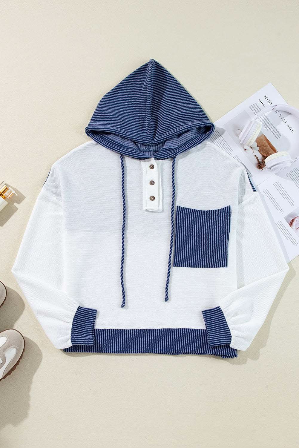 Love Salve White Colorblock Hoodie Women's Casual Pullover - Chic & Comfortable