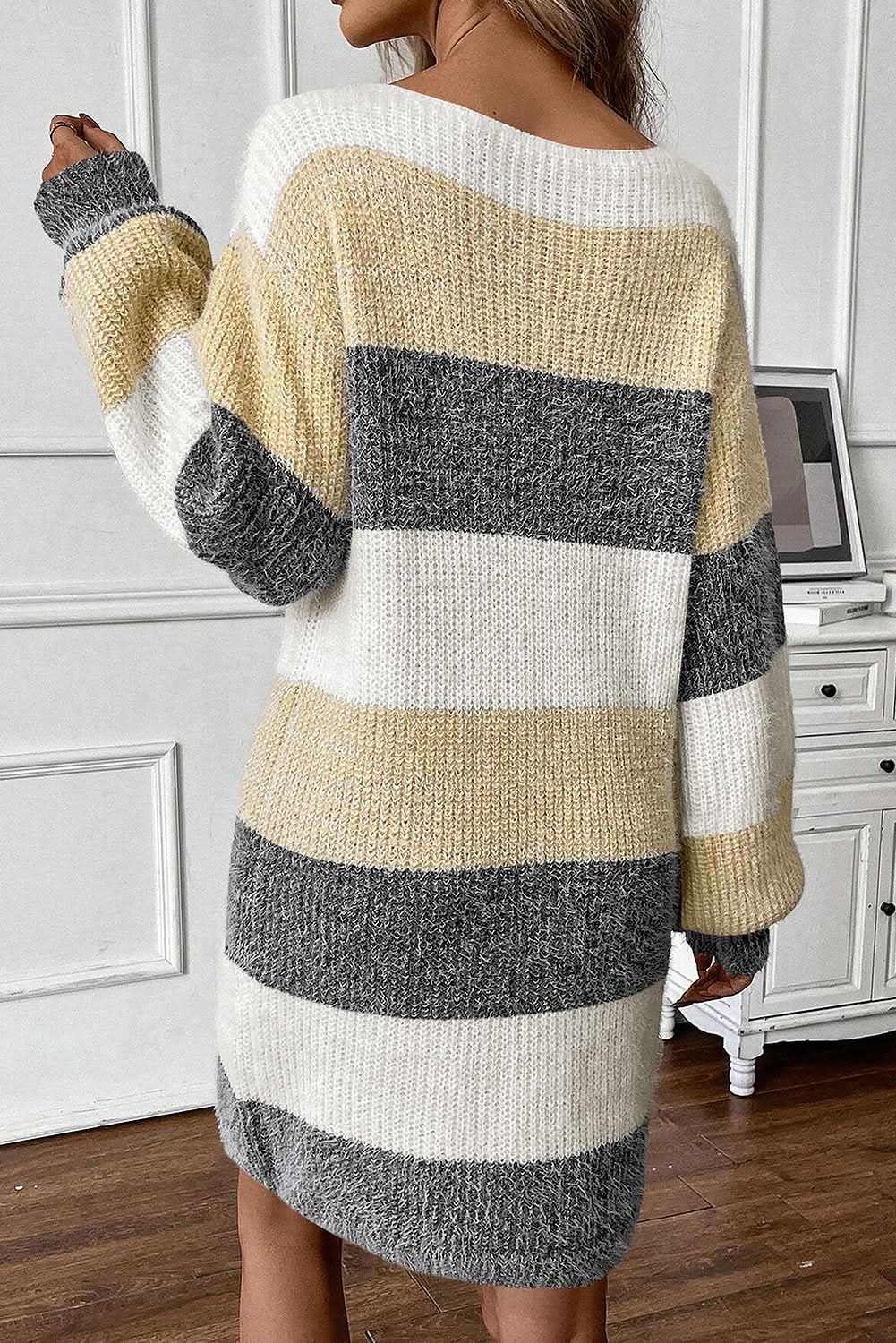 Love Salve Colorblock Knitted Dress Women's Casual Sweater Dress Bubble Sleeve Soft
