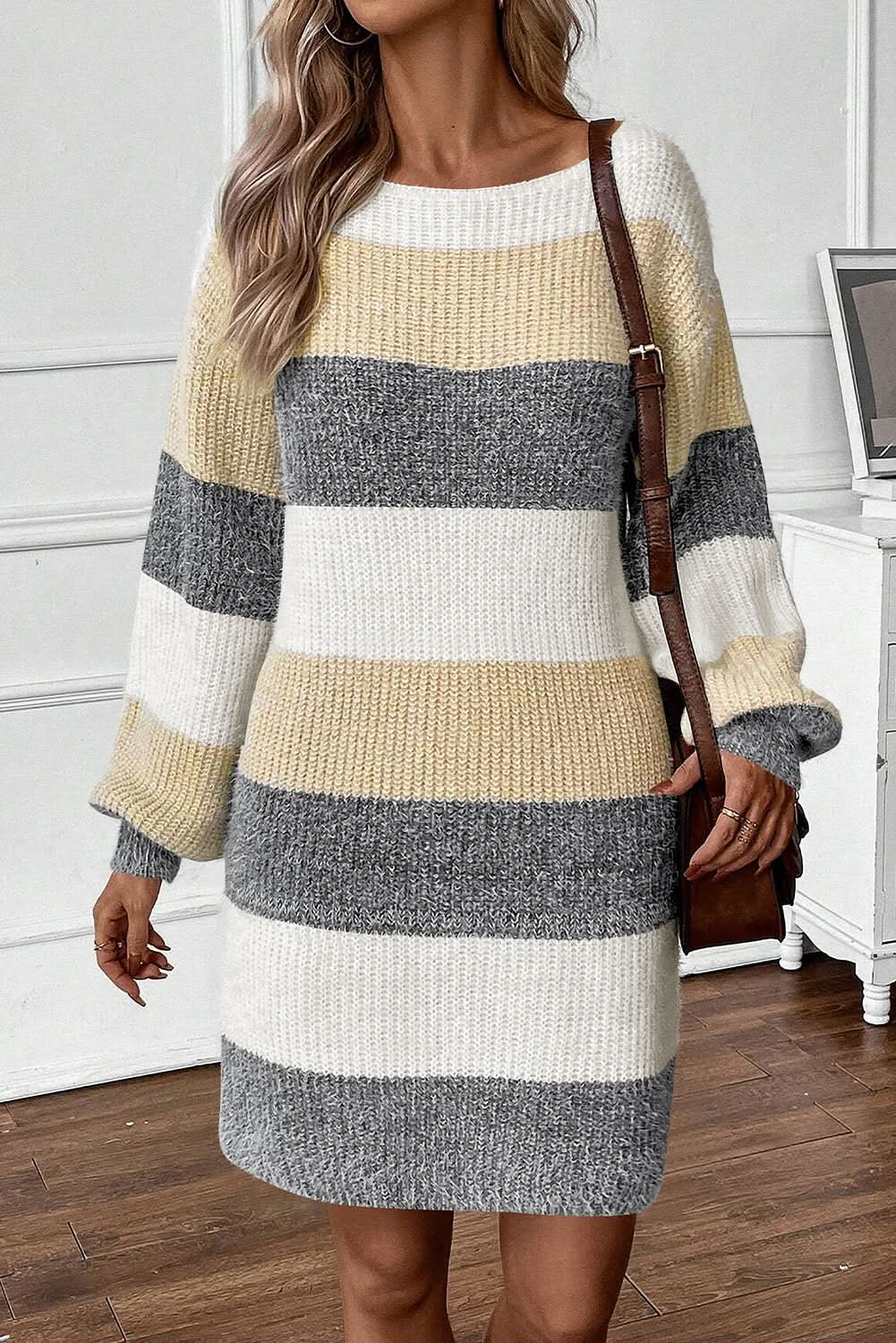 Love Salve Colorblock Knitted Dress Women's Casual Sweater Dress Bubble Sleeve Soft